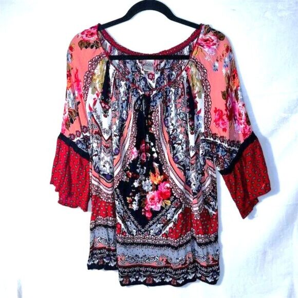 Bila Women's XXL Bohemian Bell Sleeve Floral Tunic Blouse Multicolor - Picture 1 of 7